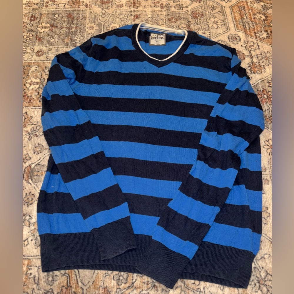 Express Sweater Mens S Blue Pullover Striped V-Neck Long Sleeves Knit Cotton